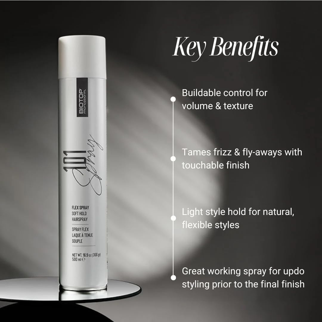 Biotop Professional 101 Flexible Hold Hairspray for Women - Enhances Shine and Tames Frizz & Fly-Aways - Buildable Volume & Texture - Flexible, Touchable Finish Without Stiffness (16.9 oz)