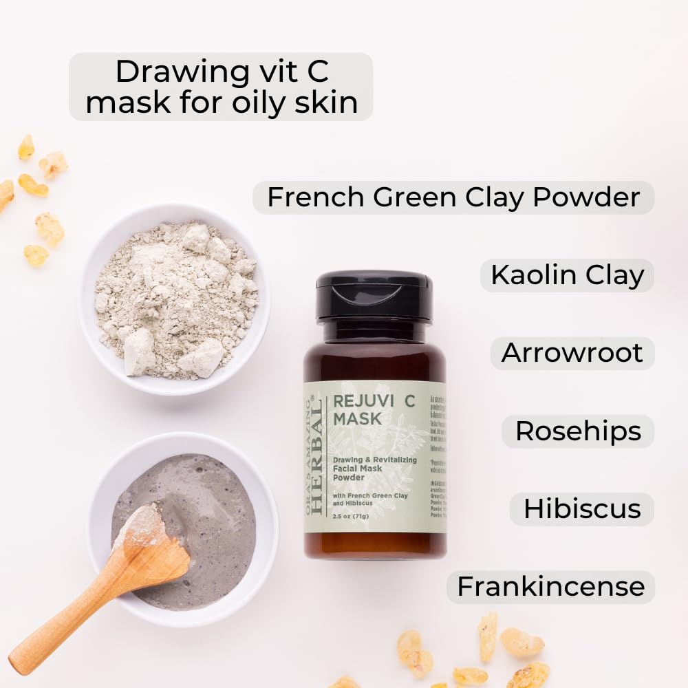 Ora's Amazing Herbal Rejuvi C Mask, Powder Mask, Detoxifying Face Powder, French Green Clay, Exfoliating Rosehip Seed Hibiscus with Vitamin C and Frankincense for Acne, Maskne