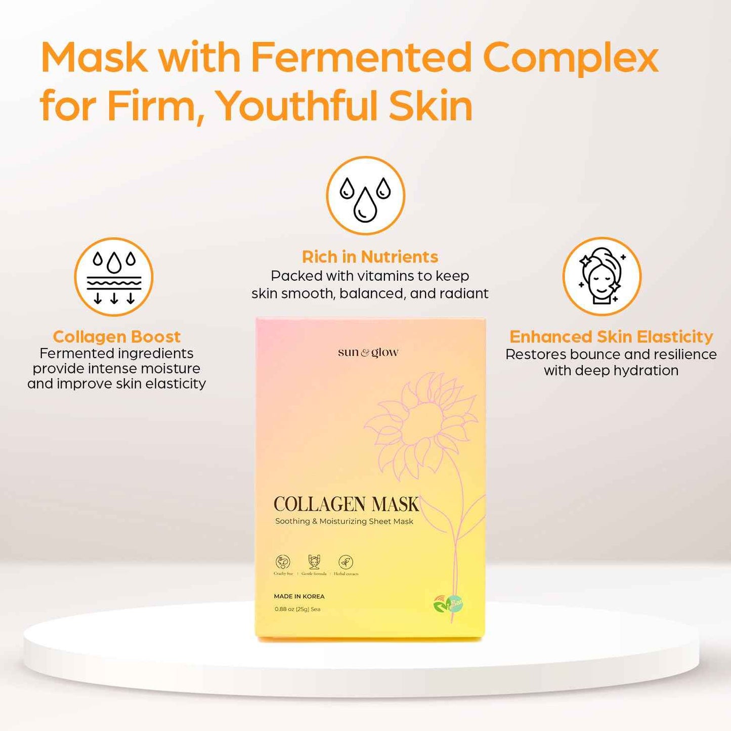 SUN & GLOW VEGAN COLLAGEN MASK Including Natural Elements Fermented 7-Layer Hyaluronic Acid Complex Soothing and Moisturizing Skin Korean Home Skincare Mask (0.88oz 25g 5Packs)