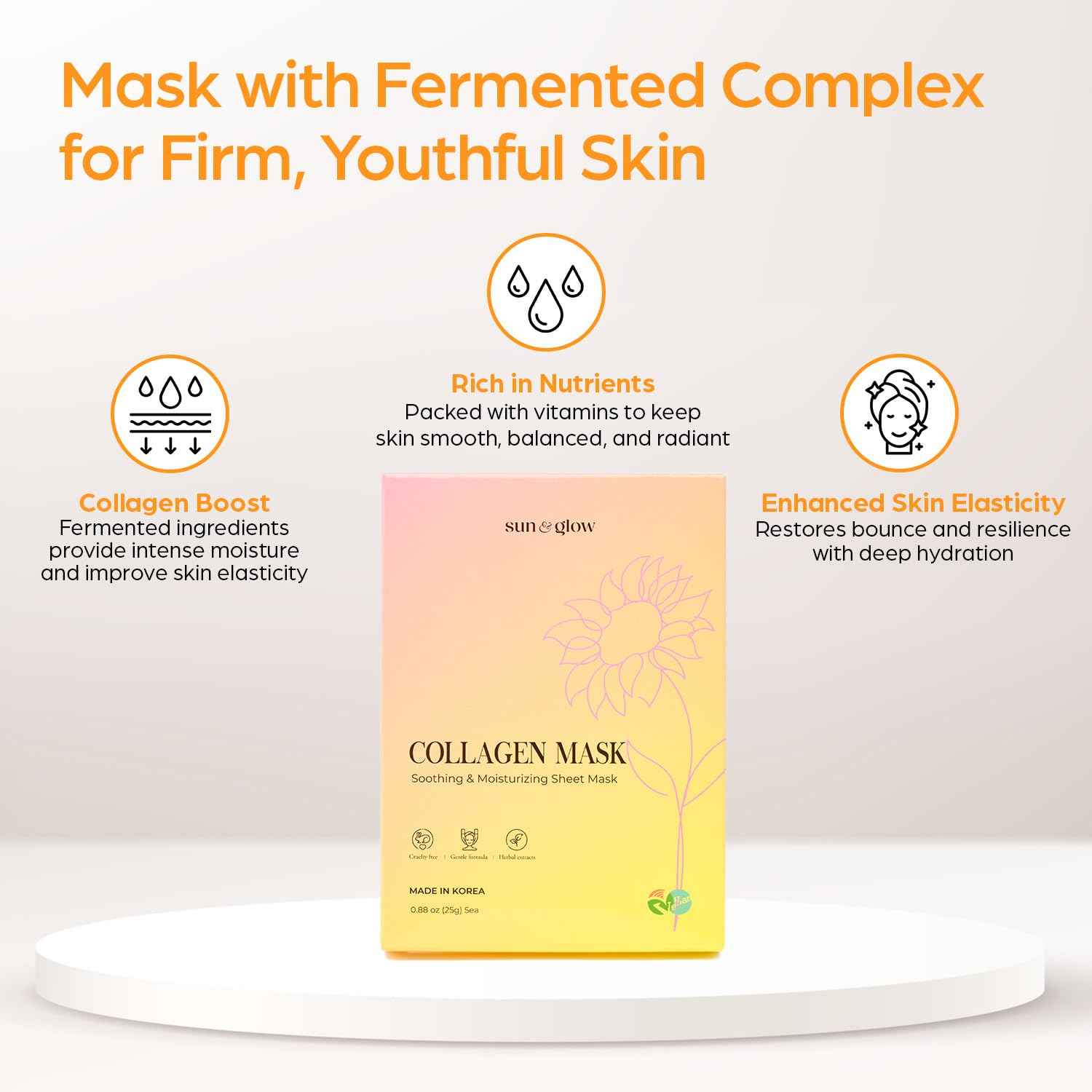 SUN & GLOW VEGAN COLLAGEN MASK Including Natural Elements Fermented 7-Layer Hyaluronic Acid Complex Soothing and Moisturizing Skin Korean Home Skincare Mask (0.88oz 25g 5Packs)