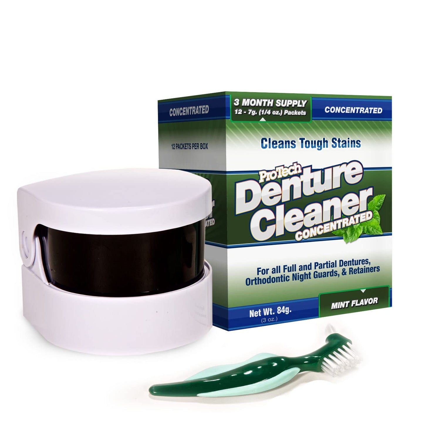 ProTech Removable Appliance Care Kit, Denture, Retainer, & Aligner and Cleaning Bundle with Ultrasonic Denture Retainer Cleaner, Brush, Solution, Informational Brochure, Pack of 3