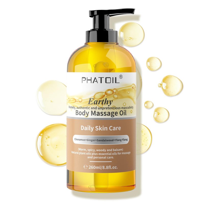 PHATOIL Sandalwood Body Oil for Men with Ginger, YlangYlang, Cinnamon, 260ml Large Bottle Body Oil for Skin, 8.8 fl.oz Premium Moisturizer Oil for After Shower, Great for Skin and Body Care