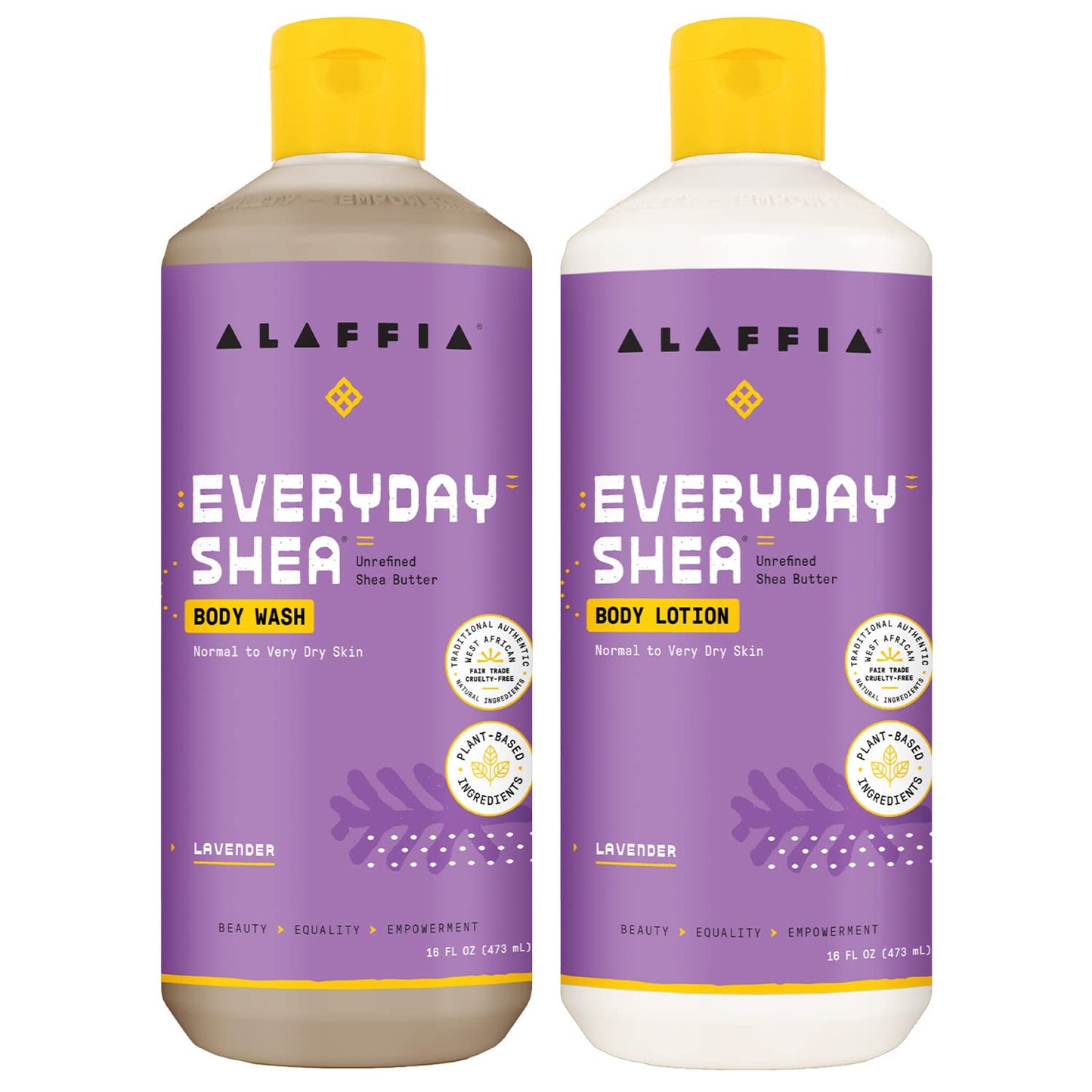 Alaffia Body Wash & Body Lotion Set, EveryDay Shea, Lavender – Gentle Skin Cleanser & Moisturizer for Normal to Very Dry Skin, 16 Oz Ea