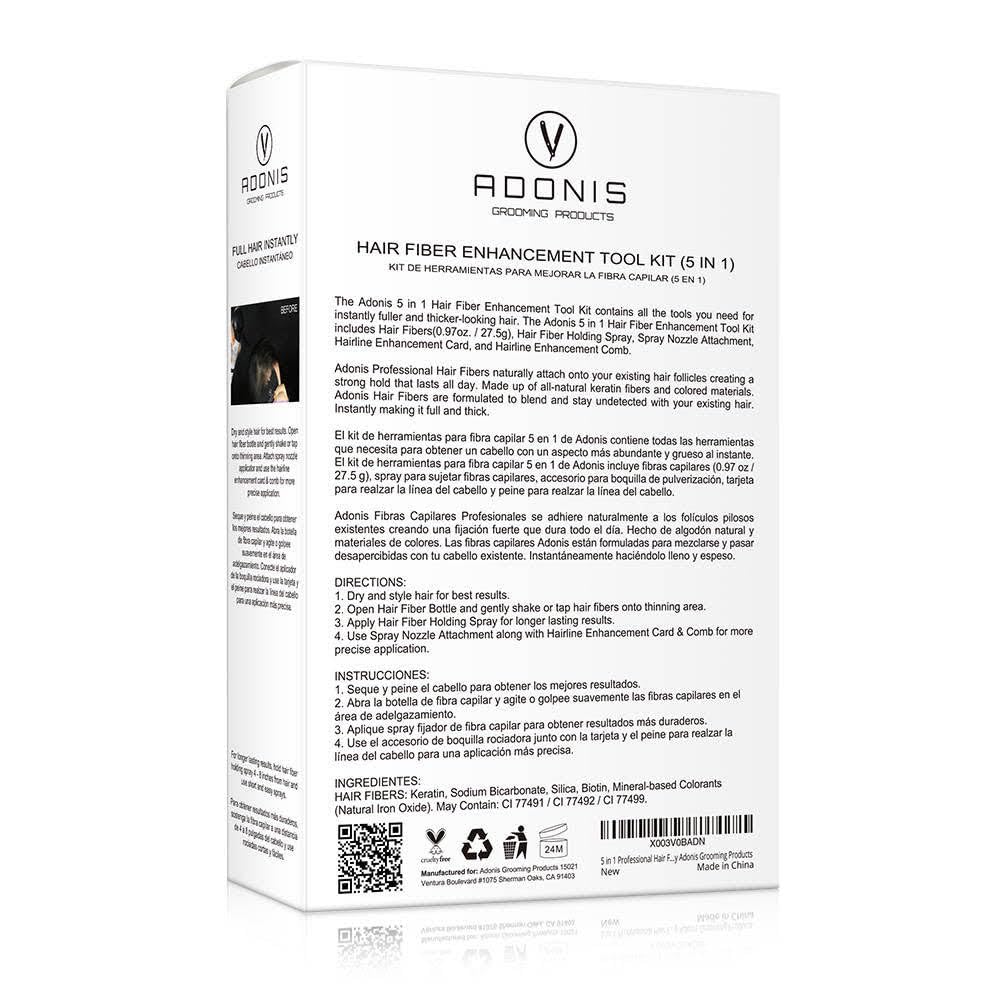 Adonis 5-in-1 Hair Fiber Kit | All-Natural Keratin Fibers, Spray & Applicator for Thinning Hair - Black