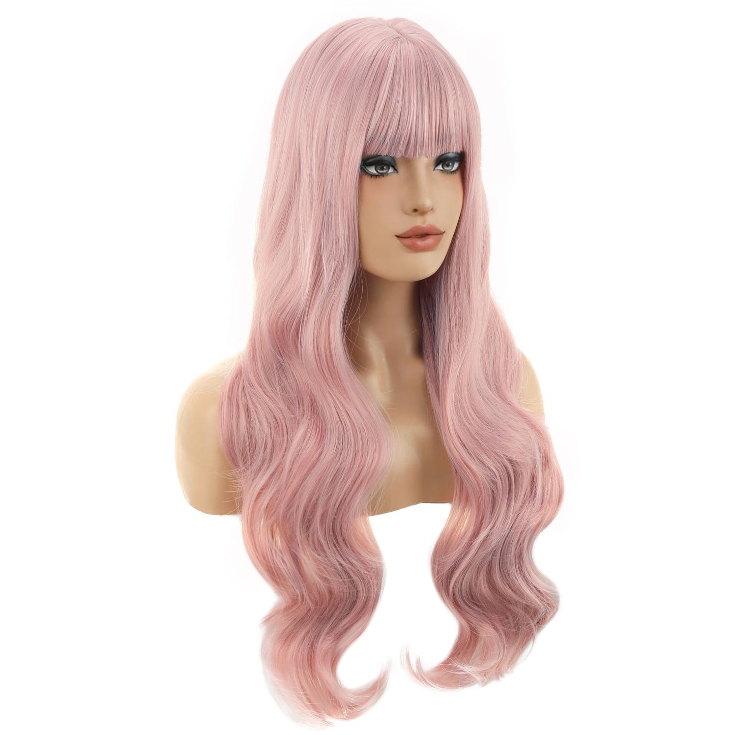 Pink Long Wavy Wig with Bangs - Synthetic Hair for Daily Wear | Perfect for Parties
