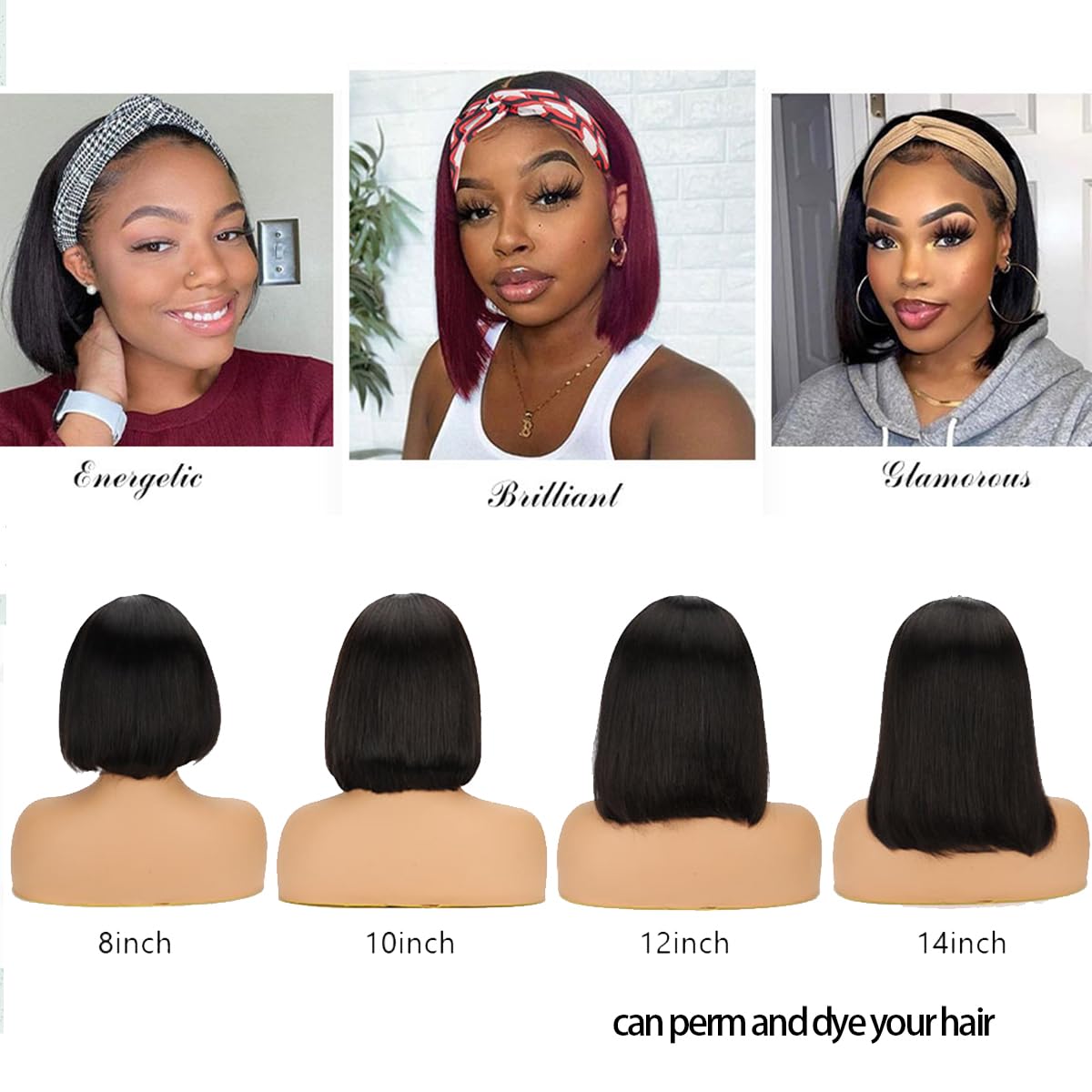 Kislemon Headband Bob Wig Human Hair Glueless Short Straight Bob Wigs Human Hair For Black Women 150% Density None Front Lace Brazilian Virgin Human Hair Wigs 8 Inch