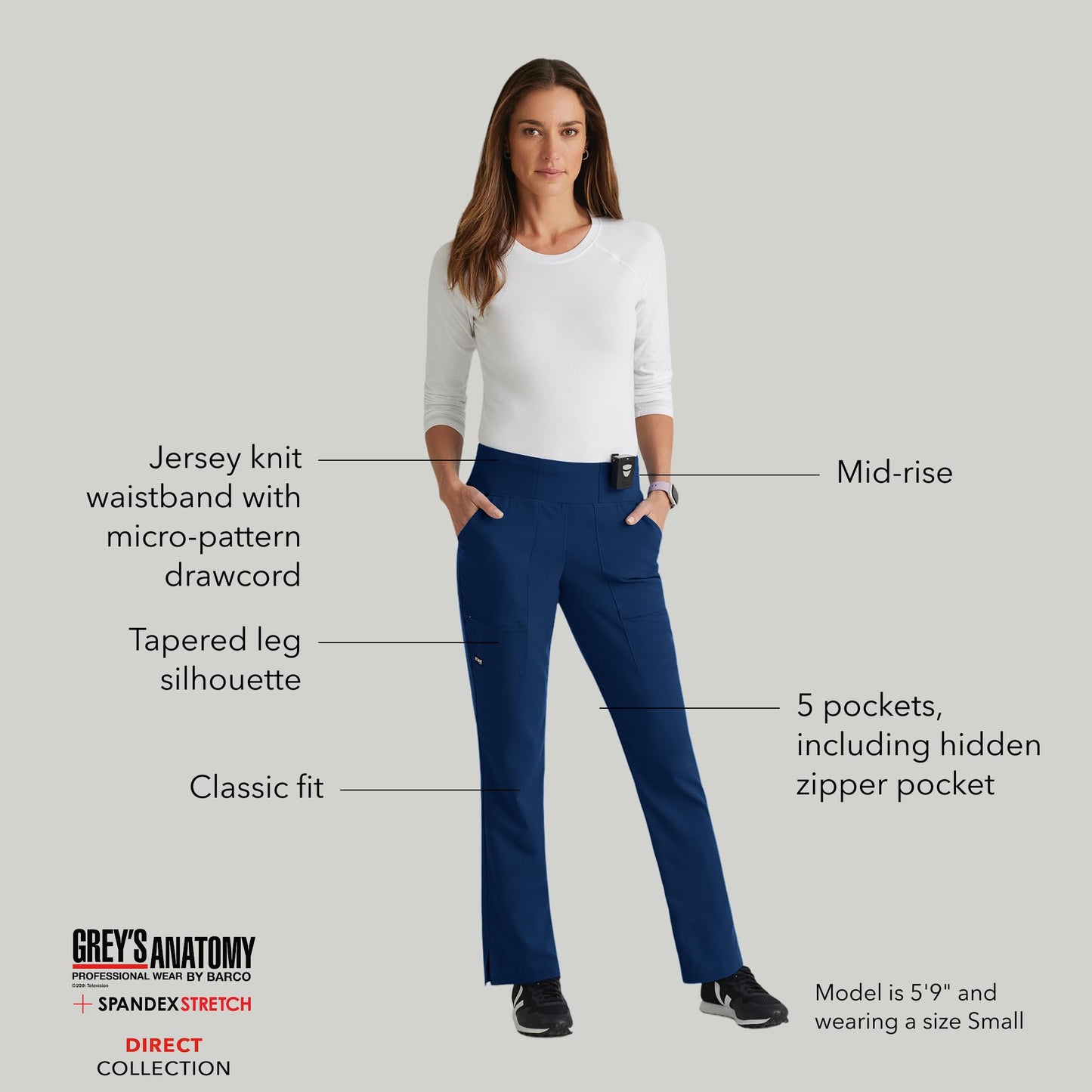 BARCO Grey’s Anatomy Spandex Stretch Direct Relay Scrub Pant for Women – Indigo, 5-Pocket Mid-Rise Scrub Pants w/Spandex Stretch, Wrinkle Release & Soil Release Fabric – Medium, Regular Fit