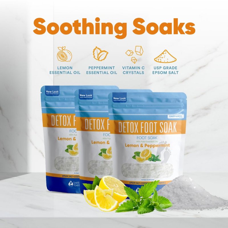 Detox Foot Soak (3 Pack) Epsom Salt Soothing Soaks and Athlete's Foot Detox with Essential Oils in BPA Free Pouch with Press Lock Seal (Bundle with Three 2 Lbs Pouches 6 Lbs Total)