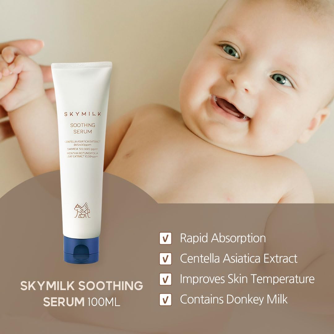 SKYMILK Centella Soothing Serum with Donkey Milk | 100ml 3.38 Fl.Oz | Cooling | Moisturizing | Calming | Hypoallergenic | Summer Essentials | Ideal for Sensitive Skin