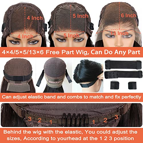 Derun 4x4 Real HD Lace Closure Wigs Human Hair 180% Density 0.1MM Ultra-thin Invisible Lace Front Body Wave Vivid Hairline Bleached Knots and Elastic Band Glueless Wig for Women (22 Inch, 4¡¿4 BW)