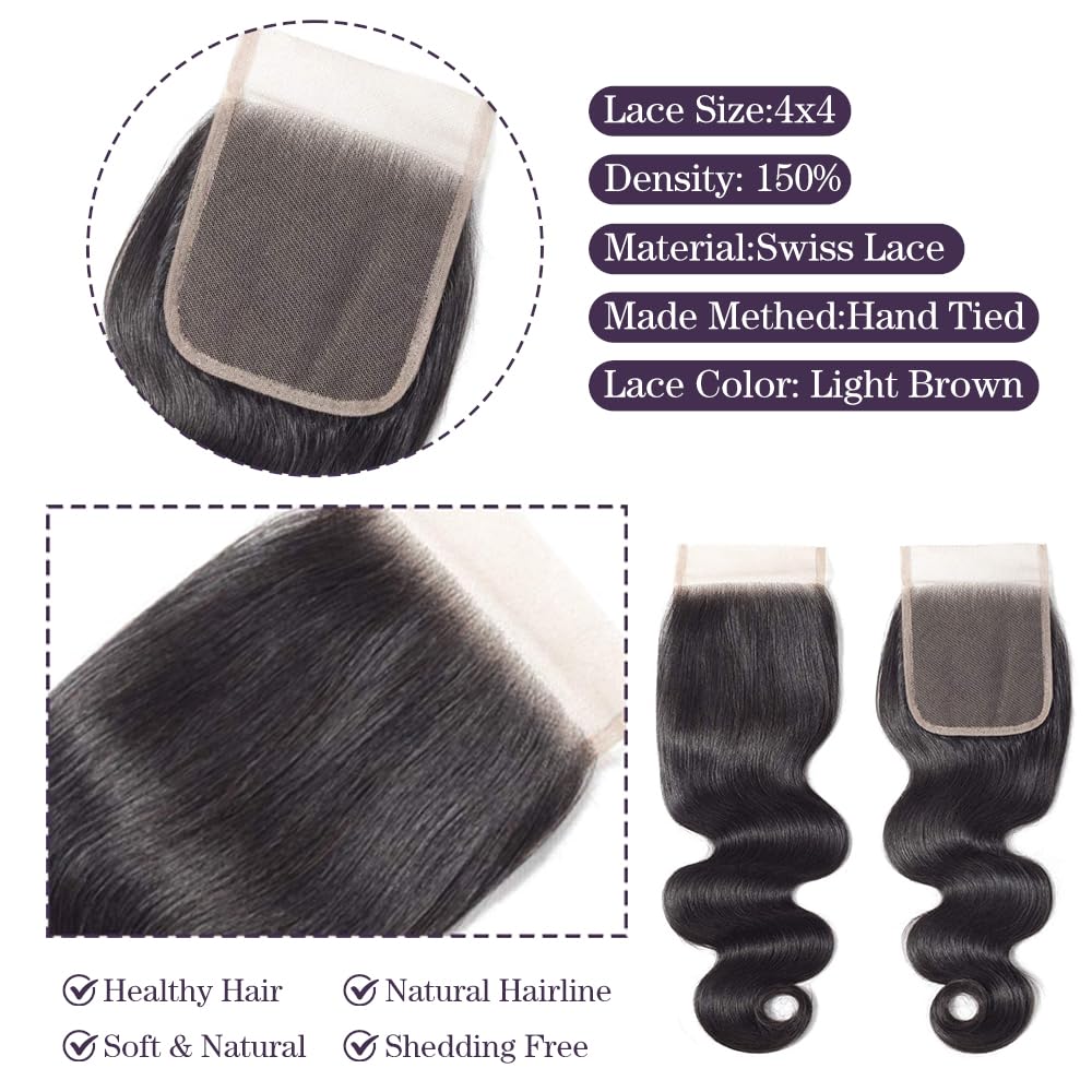 4x4 HD Lace Closure Body Wave Closure Human Hair 16 Inch Lace Closure 100% Unprocessed Brazilian Virgin Human Hair Extensions 150% Density Remy Human Hair Closure Pre Plucked Natural Black