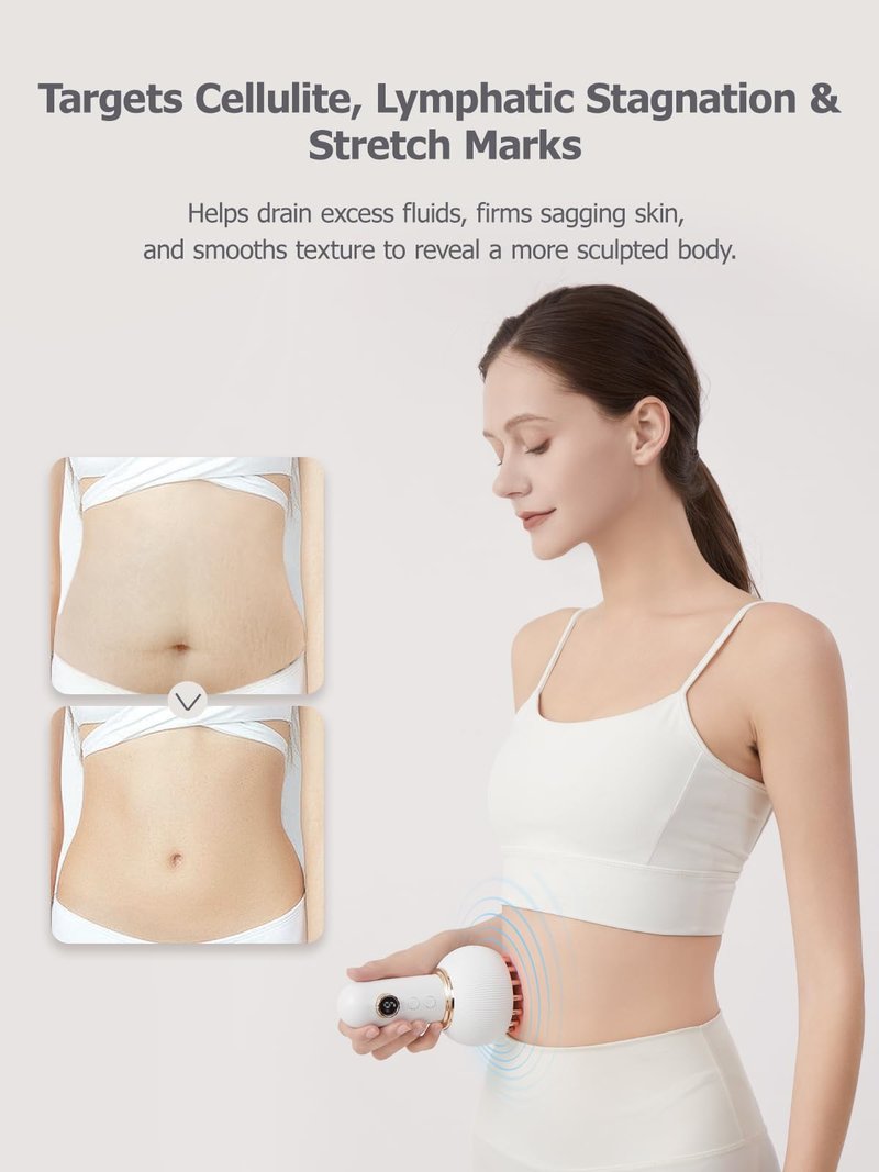 Lymphatic Drainage Massager & Anti Cellulite Massage Tool, Helps Reduce Stretch Marks & Cellulite, for Legs, Arms & Belly, Body Sculpting Machine with Microcurrent, Light, Heat & Vibration (White)