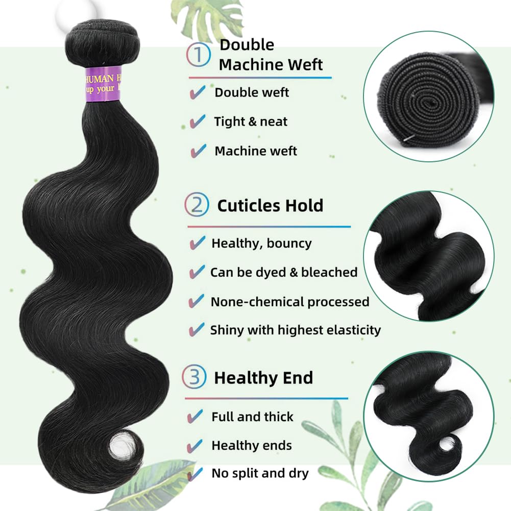 Body Wave Bundles Human Hair 24 Inch 14A Human Hair Bundles Real 100% Raw Unprocessed Brazilian Virgin Sew in Quick Weave Natural Black Deals Thick Hair Extensions