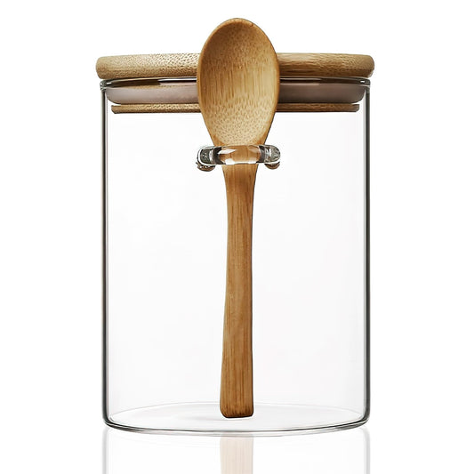 MOLADRI 15 oz/450 ml Glass Storage Canister with with Airtight Lid, Cute Clear Decorative Container Jar with Wooden Spoon for Coffee Spice Candy Salt Cookie Condiment Sugar Matcha Tea Overnight Oats