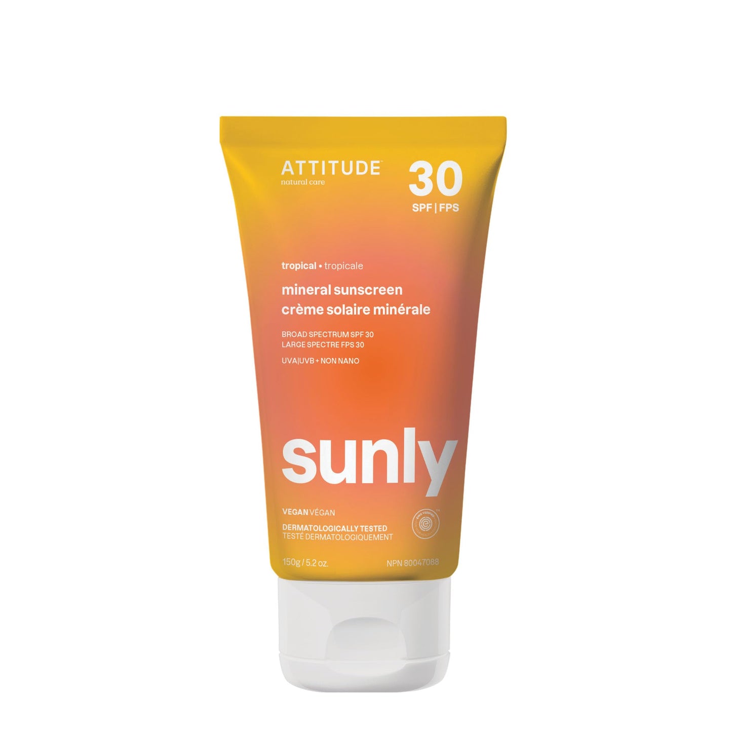ATTITUDE Mineral Sunscreen SPF 30, Zinc Oxide Broad Spectrum UVA/UVB Protection, Face & Body, Dermatologically Tested, Vegan, Tropical Scent, 5.2 Oz