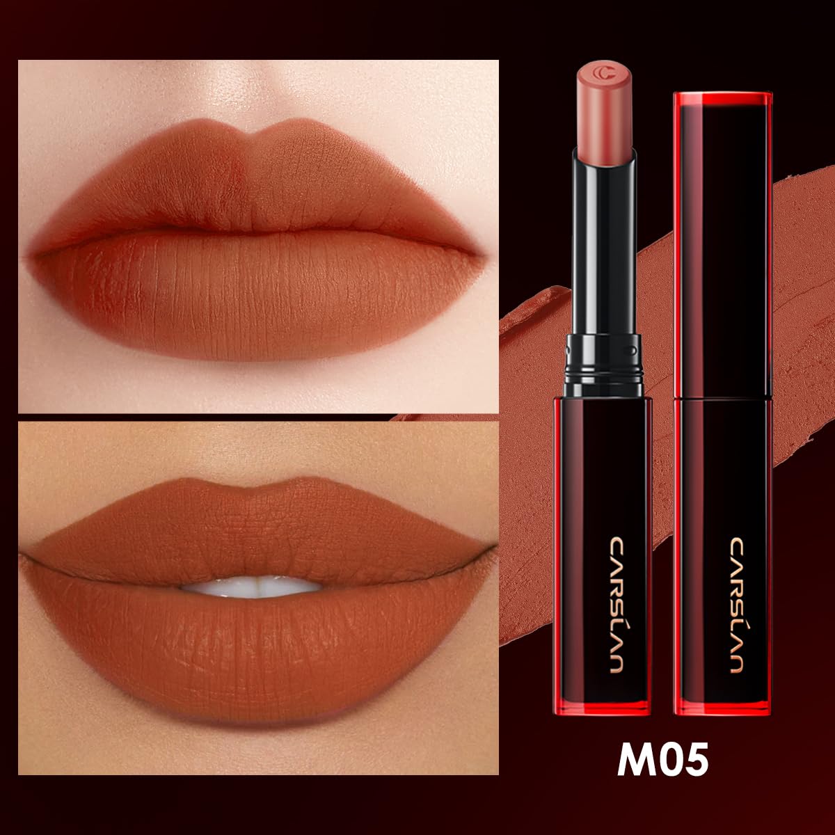 CARSLAN Light Cream Longwear Lipstick, 12H Longlasting Matte Lipstick, High Impact Lip color with Moisturizing Formula with Vitamin E, M04, 0.06 Oz