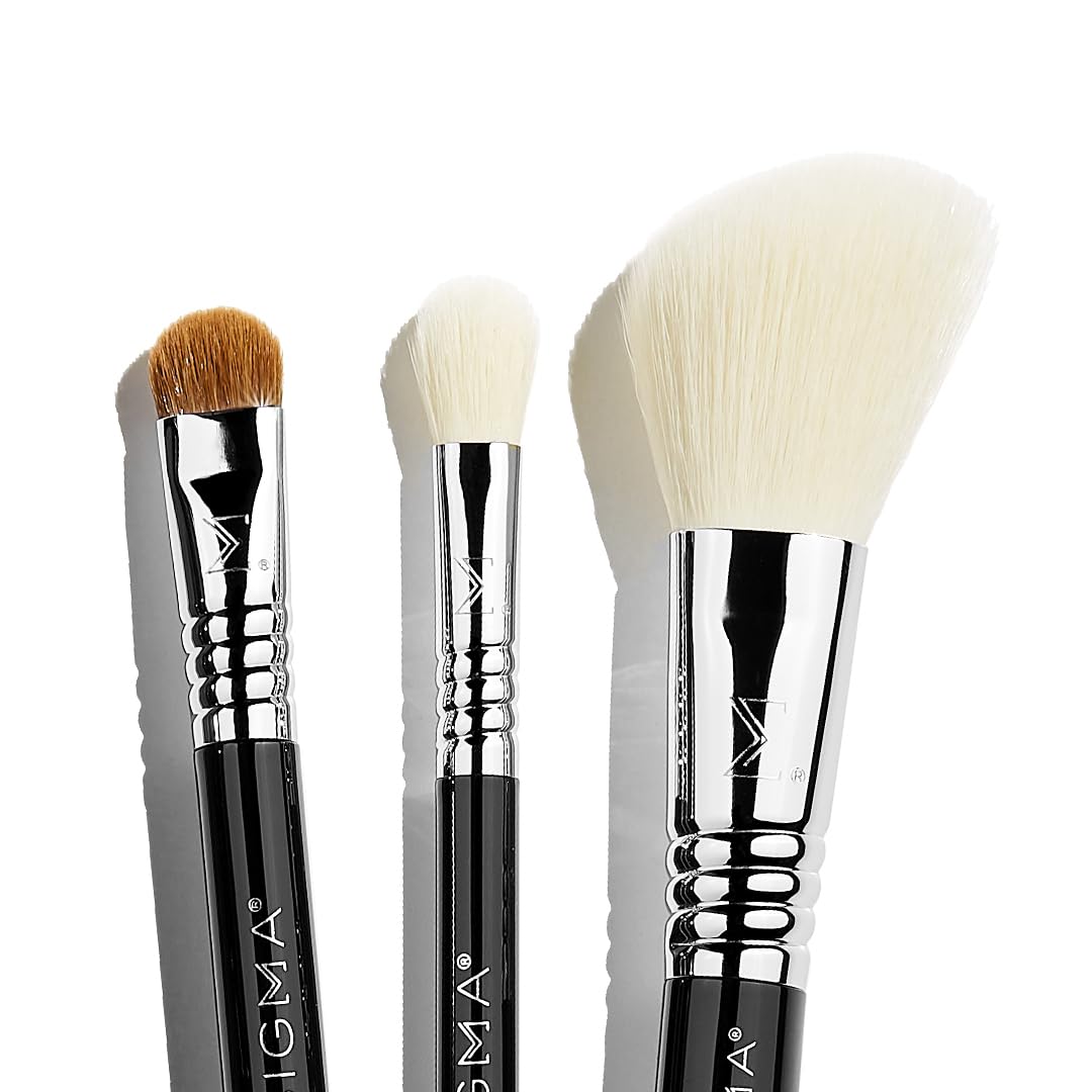 Sigma Beauty Travel Essential Trio - Makeup Brush Set for Foundation Powder Eyeshadow - 3 Tool Brushes with Brush Tin Holder - Skin Safe, Vegan Makeup Brushes for Travel - Black