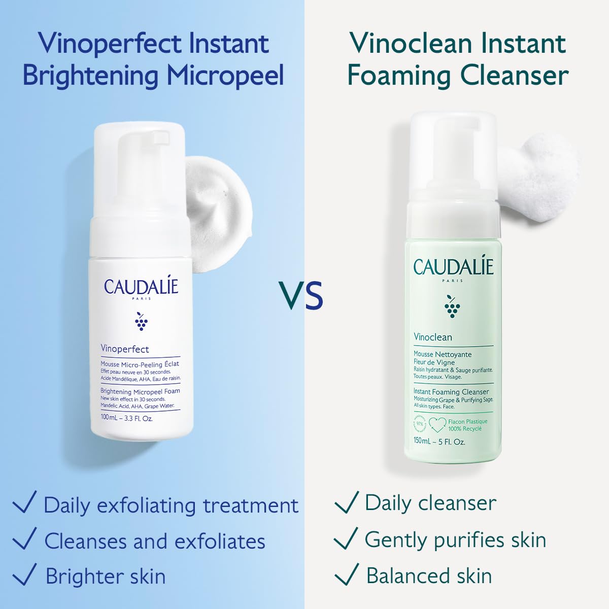 Caudalie Vinoperfect Instant Brightening Mandelic Acid and AHAs Micropeel Foam Cleanser - 100 mL