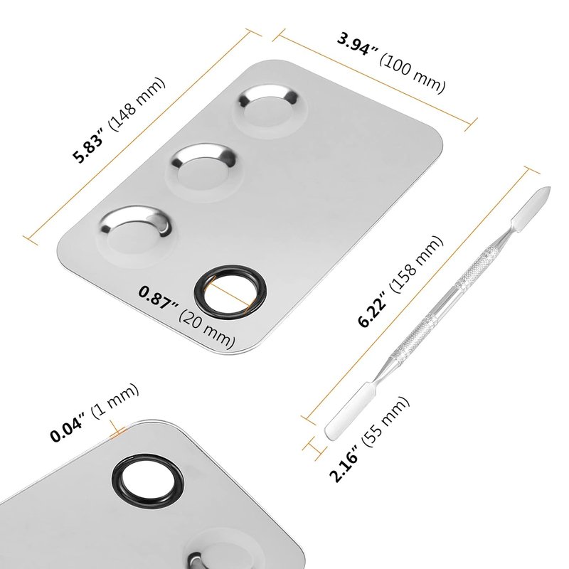 Stainless Steel Cosmetic Palette Set - 6 Pack 6x4 Inch Mixing Trays with Spatula for Makeup, Nail Art & Foundation Blending | Silver
