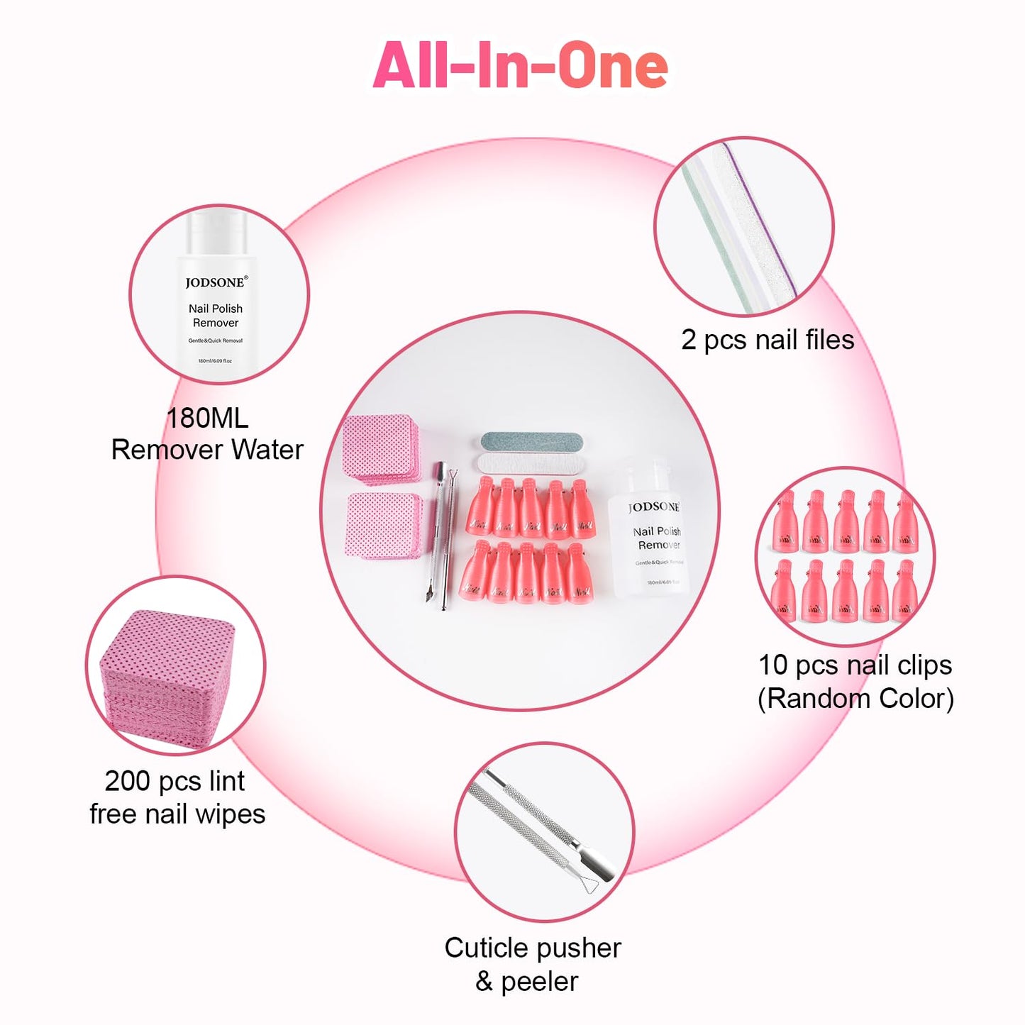 JODSONE Nail Polish Remover Kit with Non-Acetone Nail Polish Remover,Nail Clips,200Pcs Cotton Pads,Cuticle Pusher & Peeler,Soak Off Gel Remover Set for Gel Nail Polish,Safe & Gentle Nail Care Tools