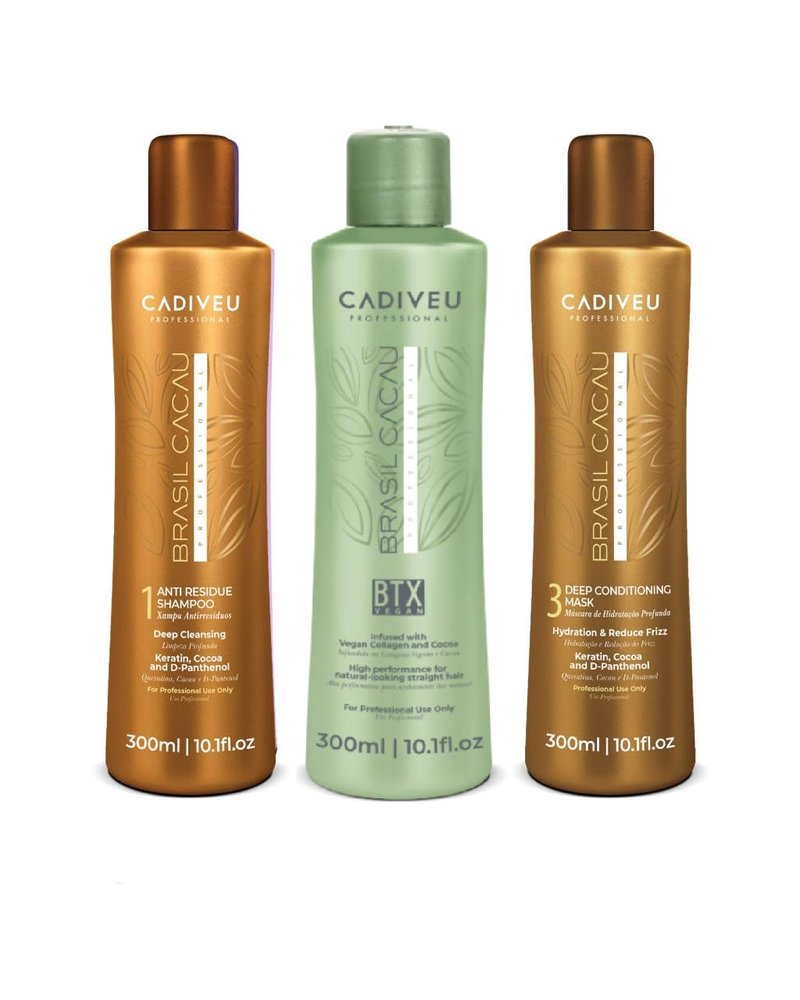 CADIVEU Professional Brasil Cacau Hair Treatment Kit, Anti-Residue Shampoo, Deep Conditioning Mask, BTX Vegan Collagen Treatment with Keratin and Cocoa, 300ml, 3 Piece Set