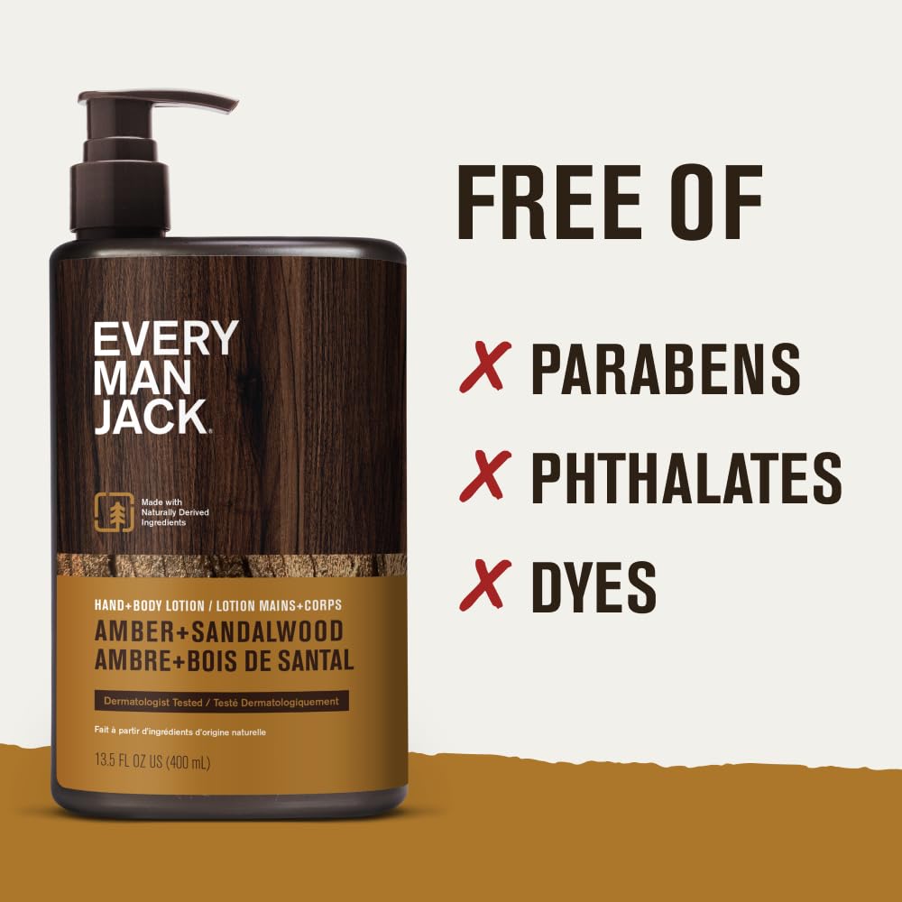 Every Man Jack Mens Amber + Sandalwood Hand & Body Lotion for All Skin Types - Dermatologist Tested & Hypoallergenic - Nourish Skin with Lightweight Fast Absorbing Lotion - 13.5oz (2 Pack)