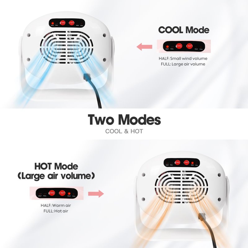 Rotatable Air Nail Dryer, 600W Warm & Cool Wind Blower Dryer for Regular Nail Polish, Multifunctional Nail Polish Fan Blow Dryer for Both Hands and Feet, Home and Salon Use No Harmful (White)