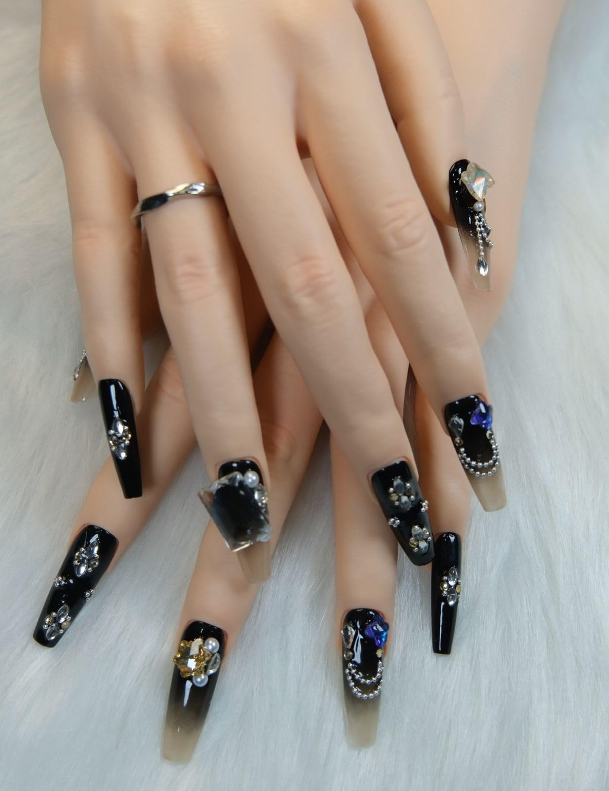 Duotaoii Press On Nails Medium Fake Nails Handmade Coffin False Nails Black Flower Diamond 3d Hand-Painted Nail Charms, Acrylic Nail Kit Glue On Nails,Reusable Stick on Nails for Women 10pcs S