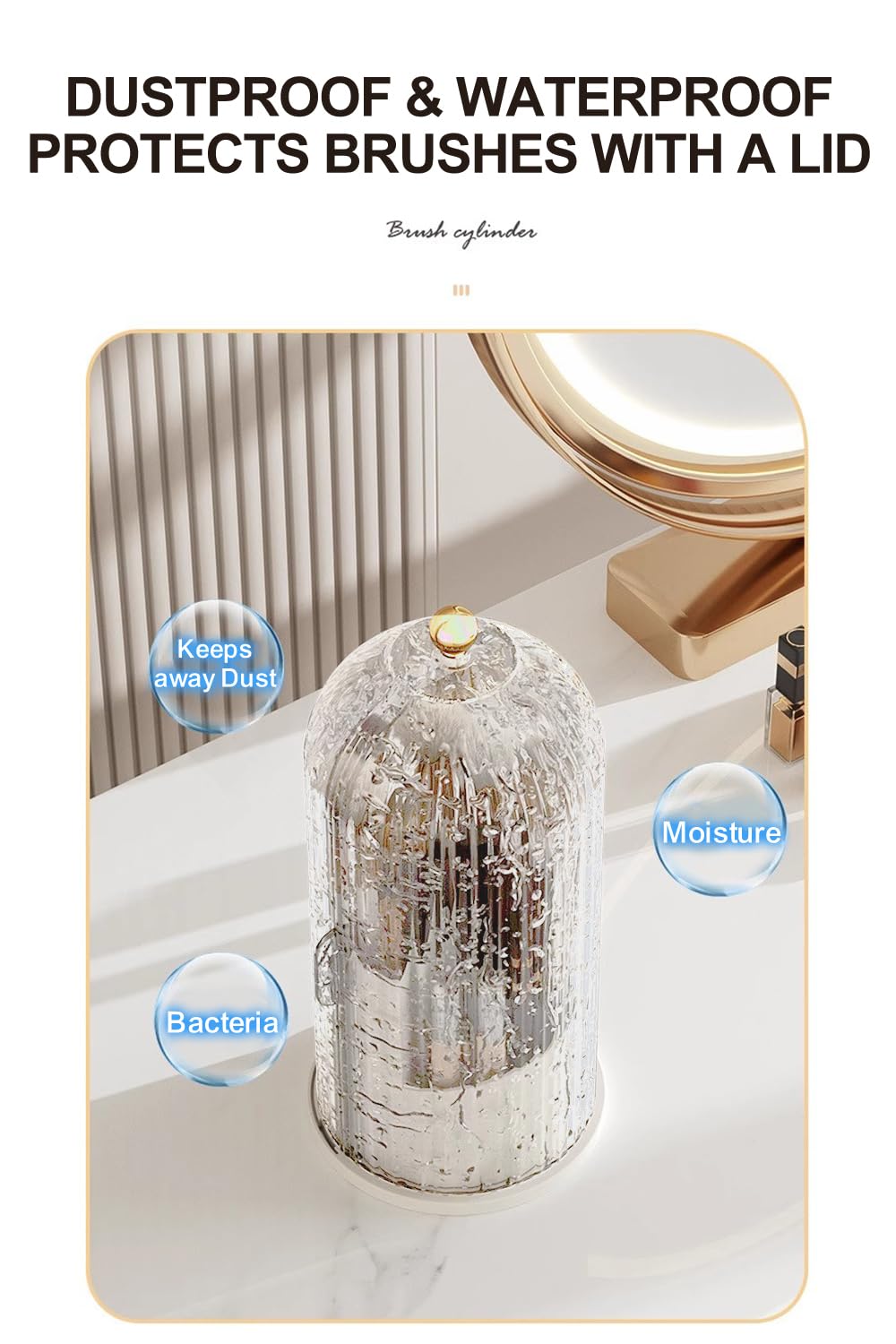 Makeup Brush Holder with Lid 360° Rotating, Clear Dustproof & Waterproof Make Up Brush Holder Organizer, Transparent Makeup Brush Organize