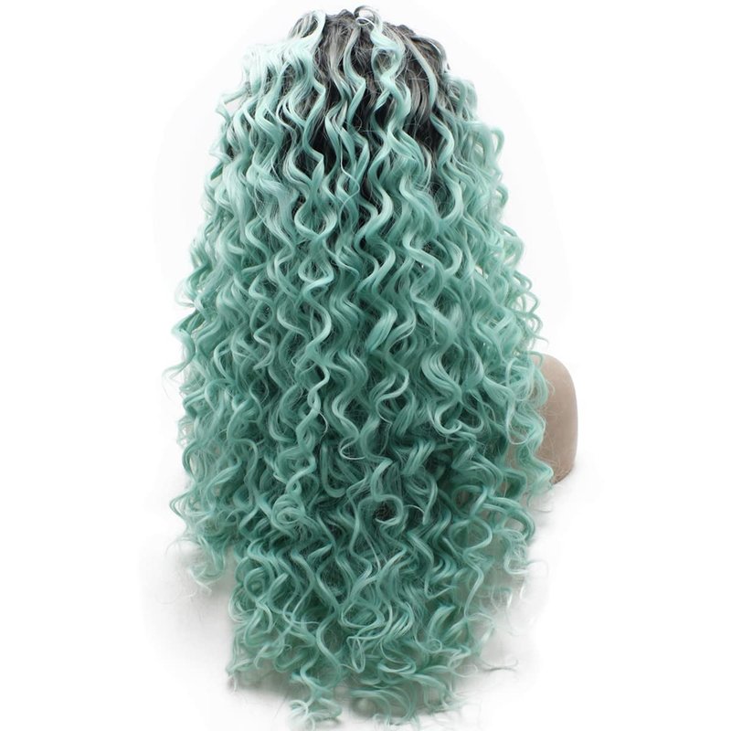 Long Curly Heat Resistant Synthetic Lace Front Wig - Dark Root Blue Color