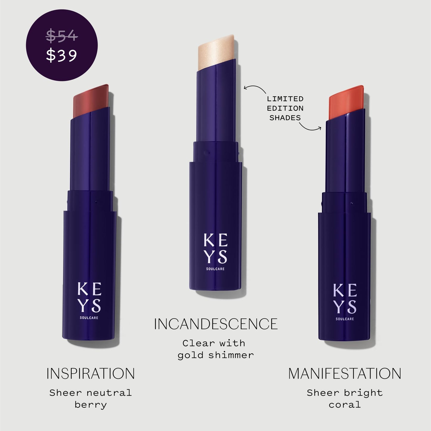 Keys Soulcare Soulful Kiss Tinted Lip Balm Set with Avocado Oil, Moisturizes & Softens, Sheer Color, Silky Formula, Cruelty-Free, 3-Pack, 0.1 Oz