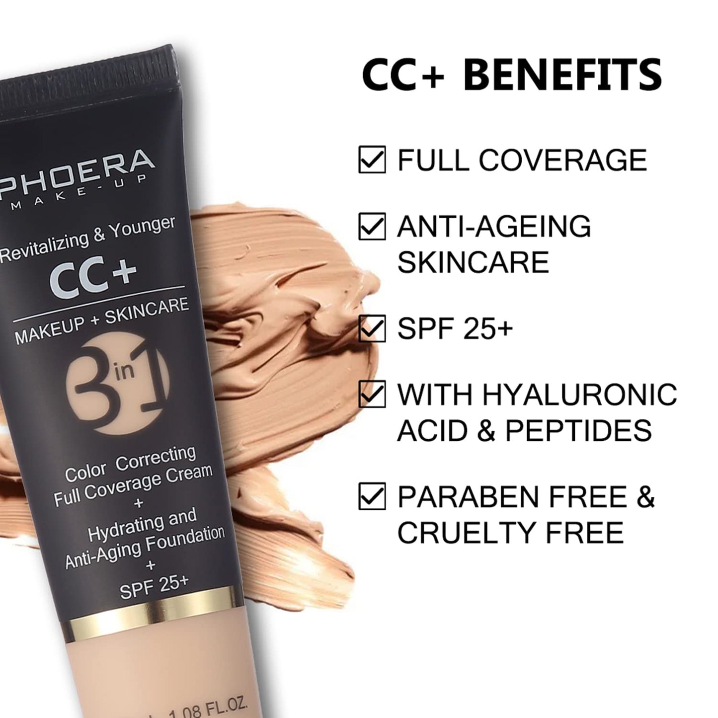 PHOERA CC Cream Foundation With SPF,PHOERA Full Coverage Foundation Color Correcting Cream,Anti Aging Hydrating Serum & SPF 25+ Sunscreen Natural Finish1.08 floz (120 Nude+140 Buff Beige)