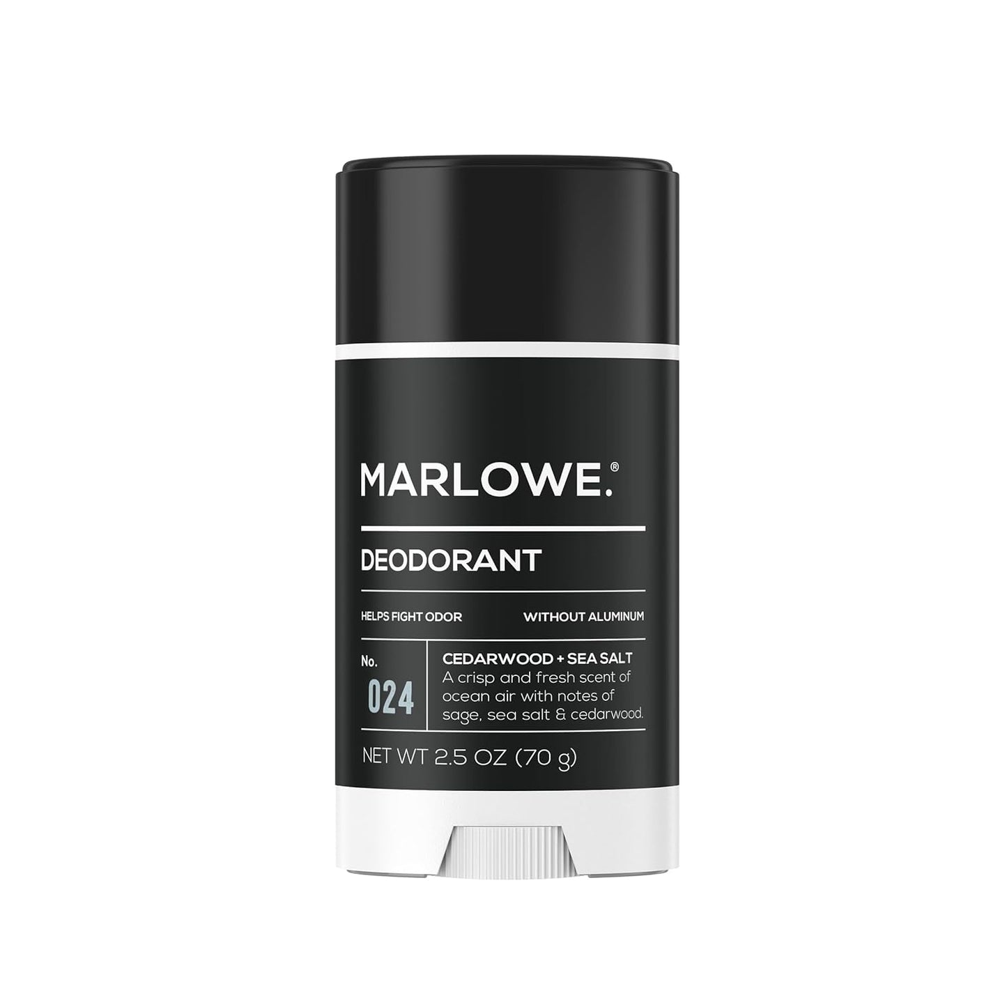 Marlowe. Men's Aluminum-Free Deodorant Stick - Vegan Formula with Coconut Oil & Shea Butter | Fresh Cedarwood & Sea Salt, 2.5 oz