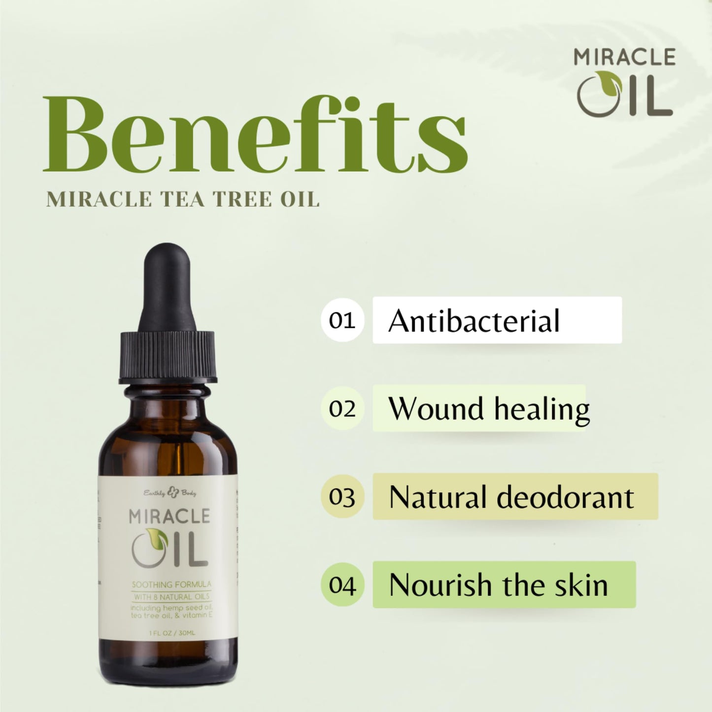 Earthly Body Miracle Oil, 1 fl. oz. - 3 Pack - 100% Natural Tea Tree Oil, Hemp Seed Oil & Vitamin E - Moisturizer, Calms Skin Irritations, Helps Smooth Wrinkles - Gluten Free, 100% Vegan