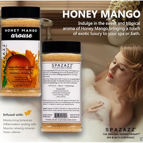 Spazazz Hot Tub Aromatherapy Bath Salt Crystals 3-Pack Bundle - Eucalyptus Mint Stimulate - Tropical Rain Revitalize - Honey Mango Arouse - Botanicals Collection Scents for Relaxing in Spas (17 oz)