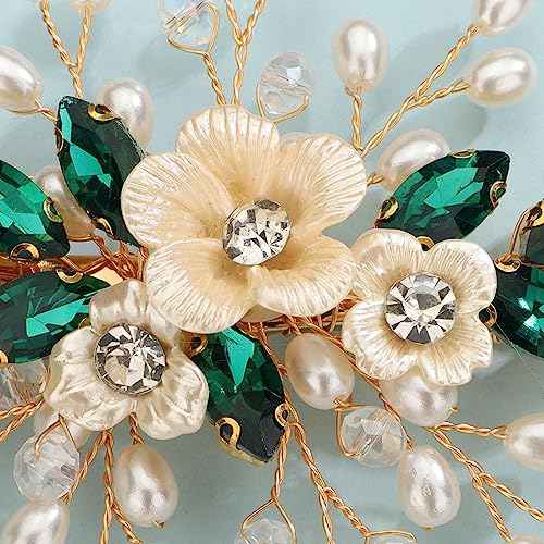 Teyglen Crystal Bridal Hair Clip Wedding Flower Green Rhinestone Hair Clips Handmade Pearls Crystal Hair Pieces Barrette Wedding Hair Accessories for Bride Floral Flower Headpieces for Women Girls