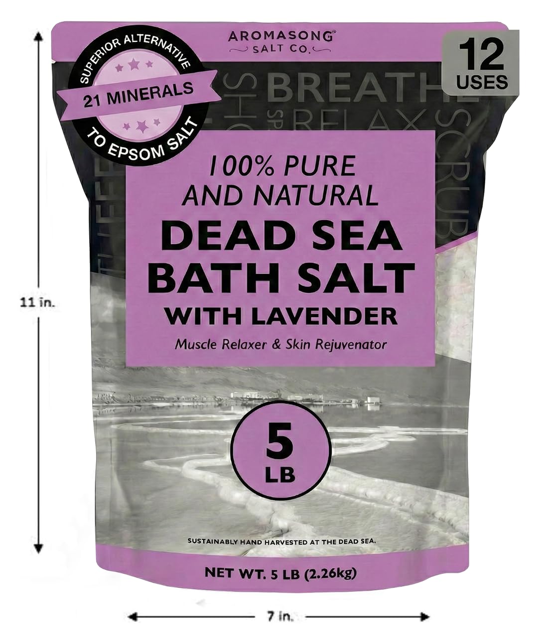 Aromasong Pure Dead Sea Salt for Soaking with 100% Natural Lavender, 5 LB - Spa Bath Salt Fine Grain - Body Wash Scrub - Soak for Women & Men- Bulk Resealable Pack (Packaging May Vary)