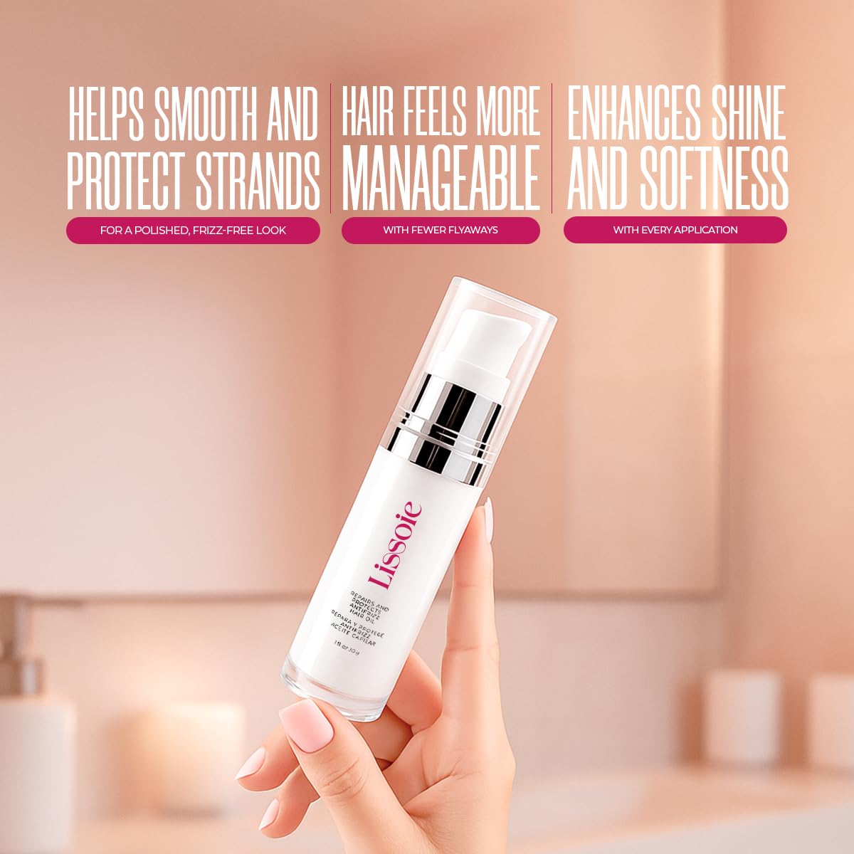Lissoie Weightless Shine Hair Serum Oil 1 fl oz – Squalane, Avocado & Argan – 48-Hr Hydration, Frizz Tamer, Heat + UV Shield up to 450 °F – Non-Greasy, Paraben & Cruelty-Free Pump Dispenser