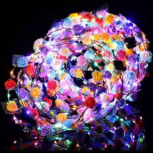 Hortsun 30 Pcs LED Flower Crown LED Flower Wreath Headband Multicolor Light up Headband Lighted Head Band Crown LED Hair Accessories Luminous Floral Headpiece Flower Headdress for Women Wedding Party