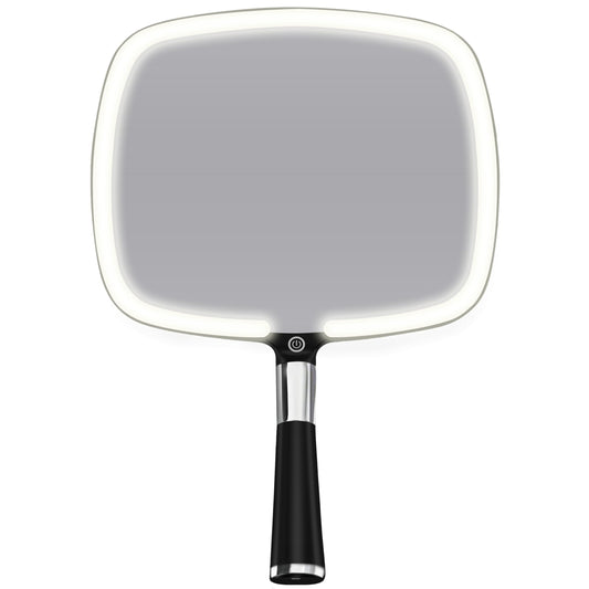 MIRRORVANA Lighted Travel Makeup Mirror - 2 in 1 Handheld & Tabletop LED Mirror with 3 Light Modes, Detachable Stand, and Comfy Handle - 9" x 13" (Black)