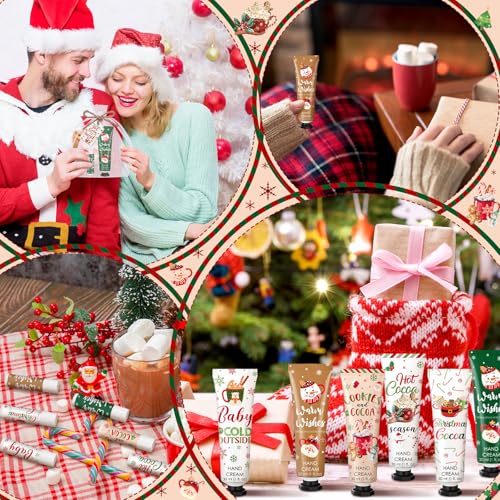 Demissle 48 Pcs Christmas Hot Cocoa Party Favors Hand Cream and Lip Balm Gifts Bulk Xmas Party Stuffers Christmas Stocking Favors Xmas Red Green Hot Cocoa Gifts Set for Baby Shower Guests