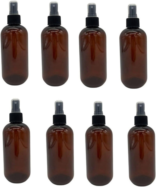 Natural Farms 8 oz Amber Boston Bottles - BPA-Free Refillable Containers for Essential Oils & Aromatherapy | Black Fine Mist Sprayers - 8 Pack
