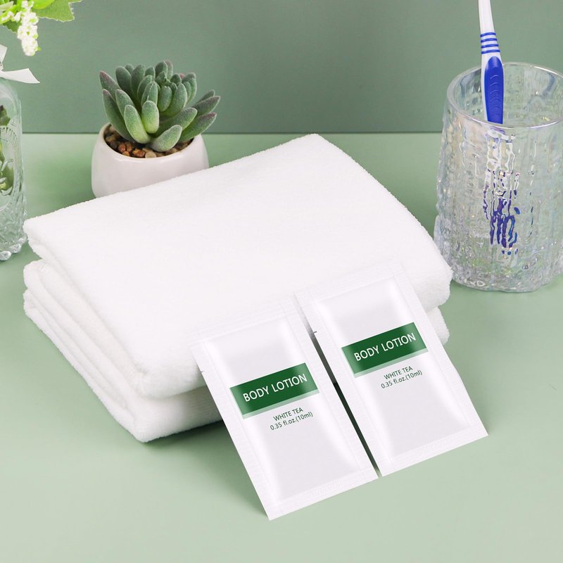 HQSLsund Travel Size Body Lotion Bulk Individually Wrapped - 200 Pack Refreshing Mini Lotion Single Use Supplies for Homeless Care Hotel Guests, White Tea Scent, 0.35 fl oz/10ml