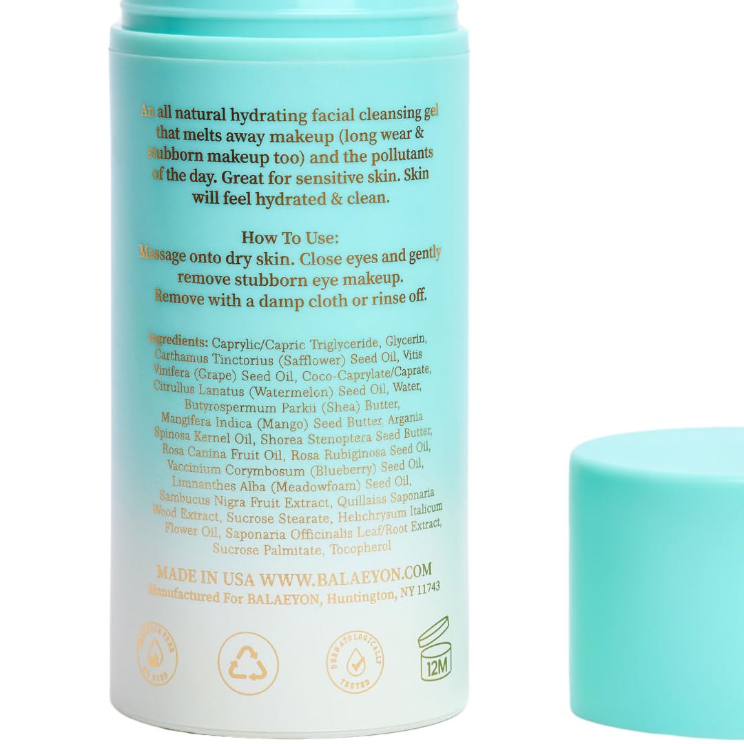 Balaeyon Cleansing Gel Makeup Remover, Removes Waterproof Mascara, 3-In-1 Cleanser, Oil Based, Moisturizing, Great For Sensitive Skin, All Natural, TSA Friendly, 3.38 fl oz