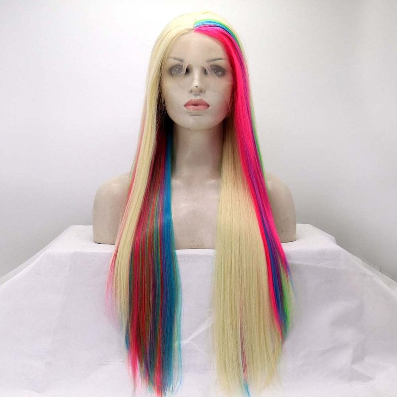 melody wig 613#Mixed Blonde Colorful Wig Synthetic Rainbow Lace Front Wigs Long Silky Straight Wig Heat Resistant Fiber Long Wigs
