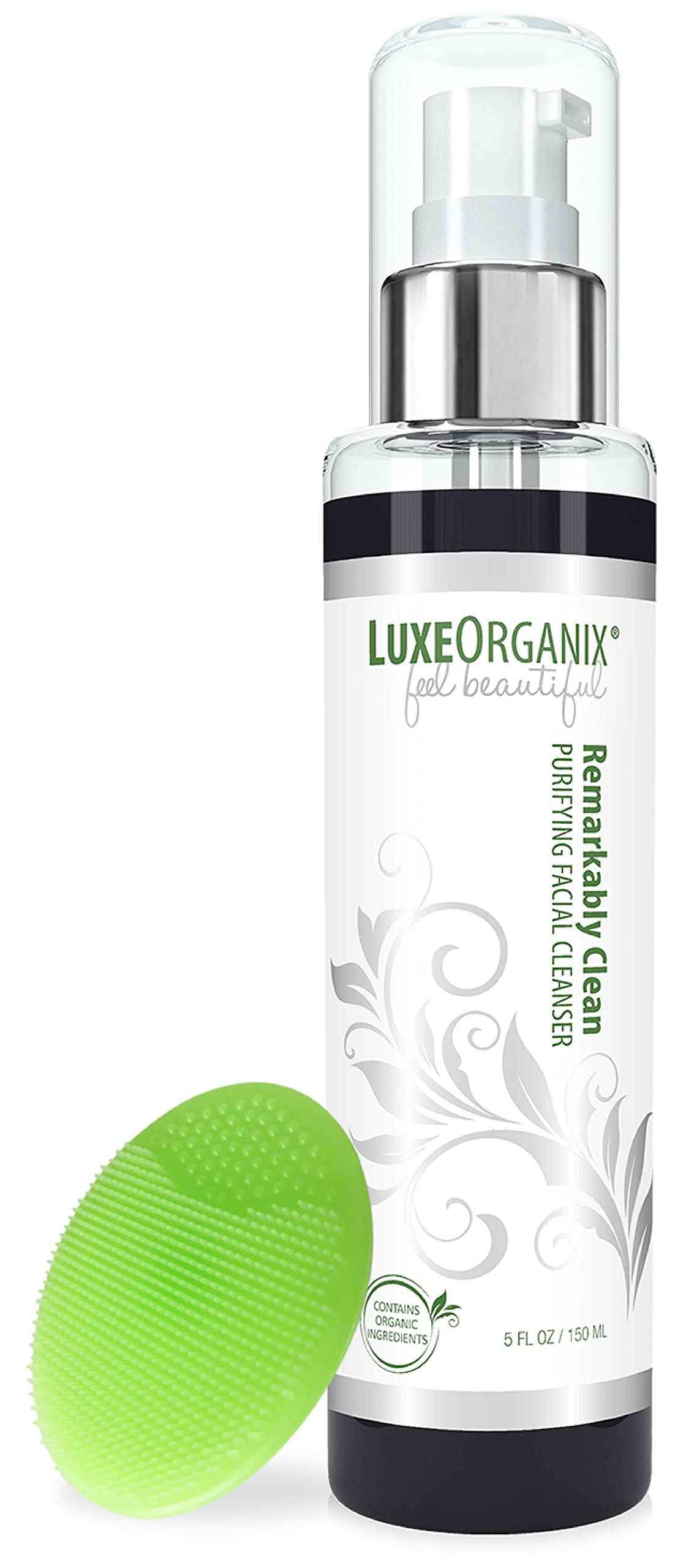 LuxeOrganix Purifying Organic Face Wash for Oily Skin with Bamboo Charcoal, Vitamin C, Aloe Vera, and Silicone Scrubby (5 oz)