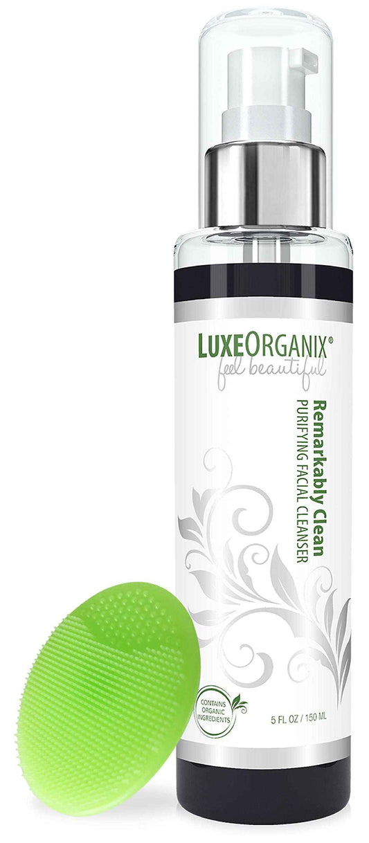 LuxeOrganix Purifying Organic Face Wash for Oily Skin with Bamboo Charcoal, Vitamin C, Aloe Vera, and Silicone Scrubby (5 oz)