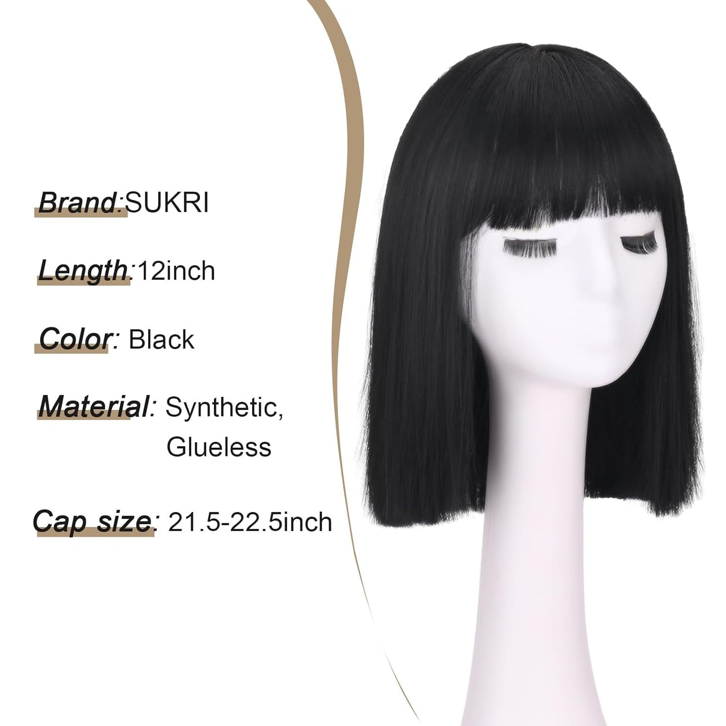 Short Black Straight Wig with Bangs - Heat Resistant Synthetic Hair | 12-Inch Bob for Women