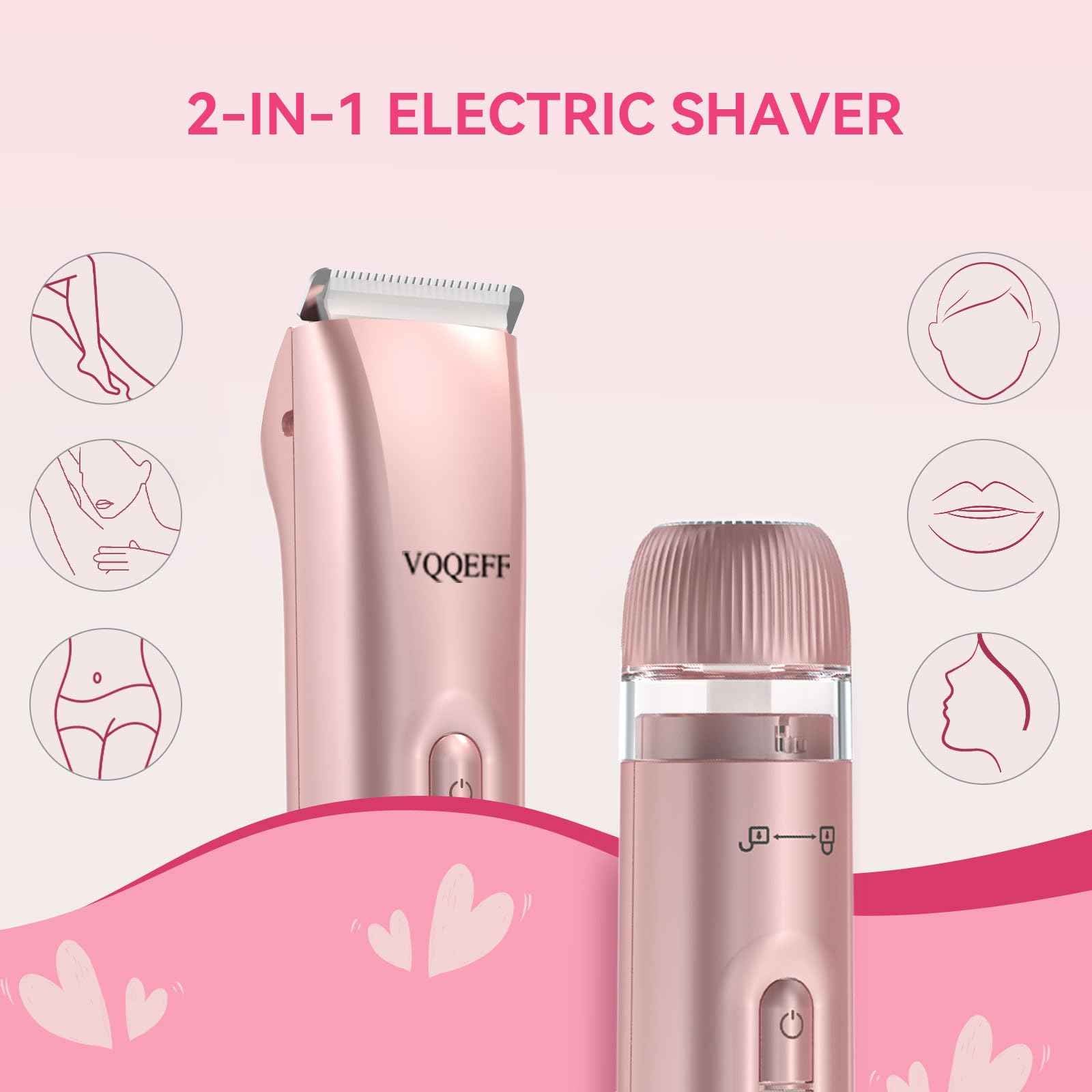 VQQEFF Bikini Trimmer for Women 2 in 1 Electric Razors IPX7 Waterproof Wet & Dry Use Womens Electric Razor Dual Head Shaver for Bikini Underarm Leg Arm Body Face, Pink