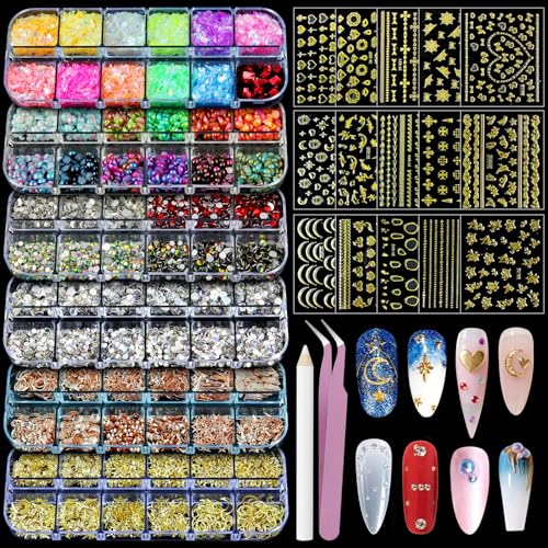 Artdone Nail Art Studs Kit, 6 boxes Multicolor And Design 3D Charms With 15 Sheets Gold Nail Stickers, Diamond Cute Nail Jewels For DIY Decoration with Pickup Tools